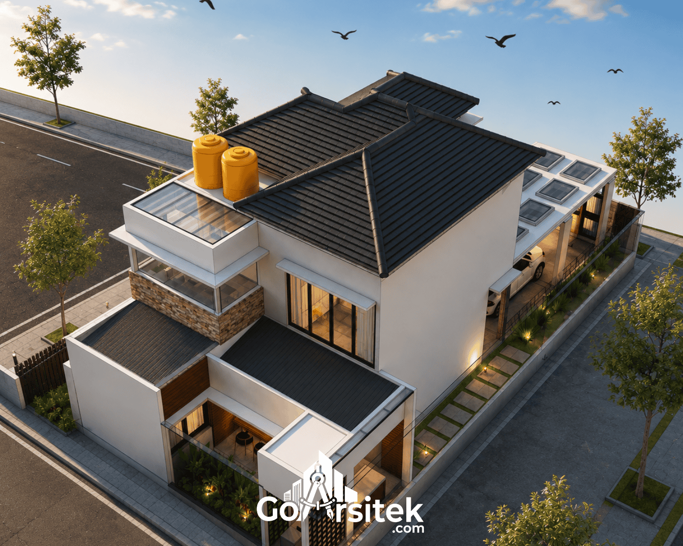 Desain Rumah Minimalis 2 Lantai Tampak Samping — Siluet Proporsional dan Volume Bangunan Go Arsitek