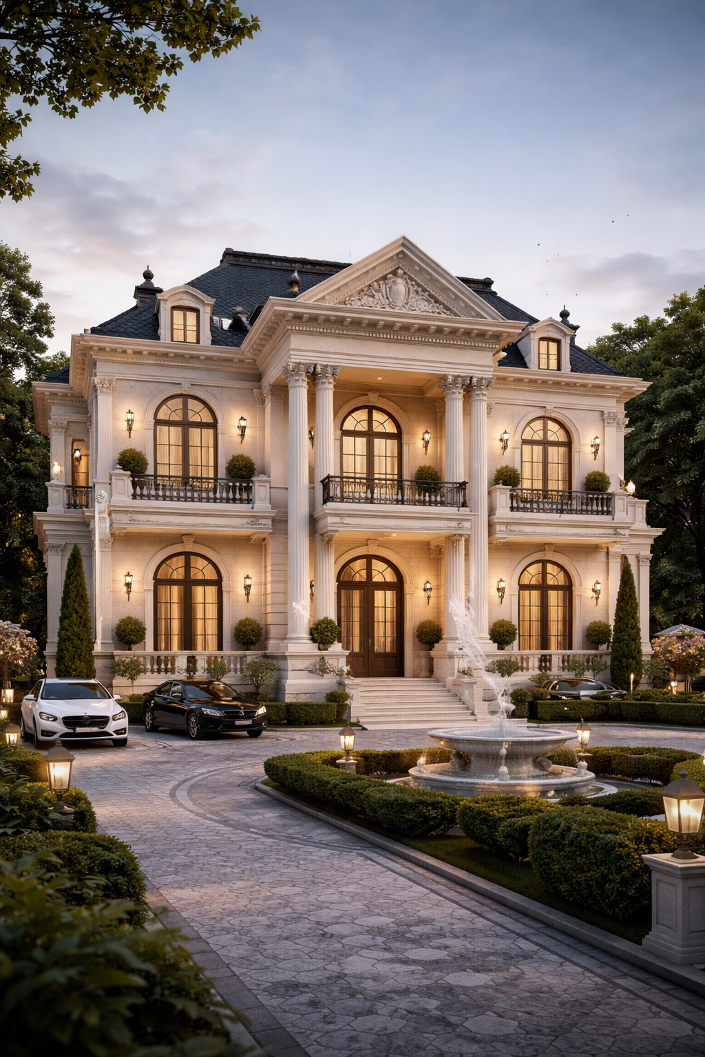 Desain rumah klasik mewah dengan pilar besar dan ornamen elegan